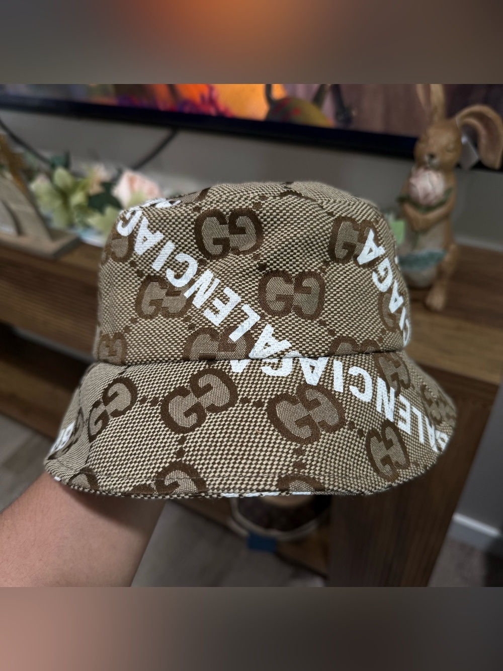 Balenciaga Beige Brown Monogram Bucket Hat with White Logo